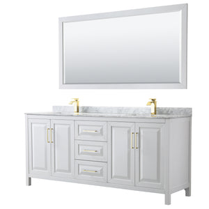 Daria 80 Inch Double Bathroom Vanity in White White Carrara Marble Countertop Undermount Square Sinks 70 Inch Mirror Brushed Gold Trim