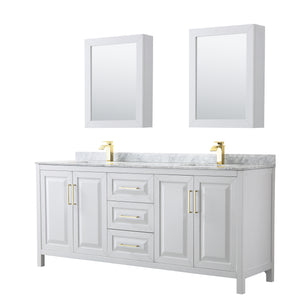 Daria 80 Inch Double Bathroom Vanity in White White Carrara Marble Countertop Undermount Square Sinks Medicine Cabinets Brushed Gold Trim