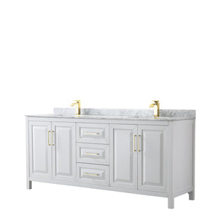 Daria 80 Inch Double Bathroom Vanity in White White Carrara Marble Countertop Undermount Square Sinks Brushed Gold Trim