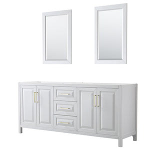 Daria 80 Inch Double Bathroom Vanity in White No Countertop No Sink 24 Inch Mirrors Brushed Gold Trim