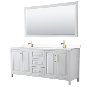 Daria 80 Inch Double Bathroom Vanity in White White Cultured Marble Countertop Undermount Square Sinks 70 Inch Mirror Brushed Gold Trim