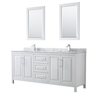Daria 80 Inch Double Bathroom Vanity in White White Carrara Marble Countertop Undermount Square Sinks and 24 Inch Mirrors
