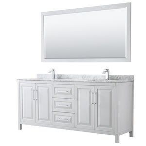 Daria 80 Inch Double Bathroom Vanity in White White Carrara Marble Countertop Undermount Square Sinks and 70 Inch Mirror