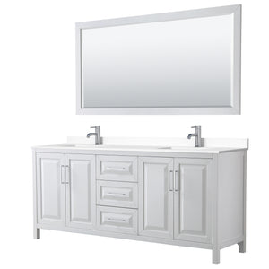 Daria 80 Inch Double Bathroom Vanity in White White Cultured Marble Countertop Undermount Square Sinks 70 Inch Mirror