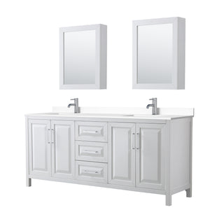 Daria 80 Inch Double Bathroom Vanity in White White Cultured Marble Countertop Undermount Square Sinks Medicine Cabinets