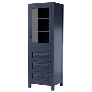 Daria Linen Tower in Dark Blue with Matte Black Trim Shelved Cabinet Storage and 3 Drawers