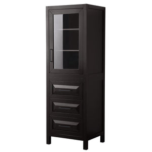 Daria Linen Tower in Dark Espresso with Matte Black Trim Shelved Cabinet Storage and 3 Drawers