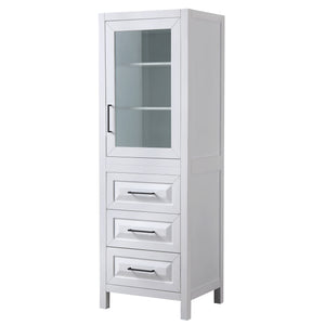 Daria Linen Tower in White with Matte Black Trim Shelved Cabinet Storage and 3 Drawers