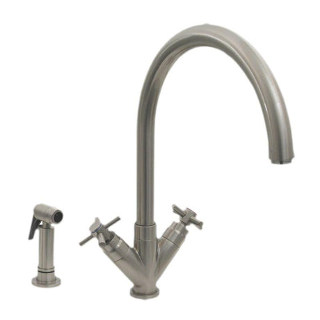 Whitehaus 3-03942SS85-BN Luxe+ dual handle faucet w/ gooseneck swivel spout - Brushed Nickel, Whitehaus, Whitehaus - POSHHAUS