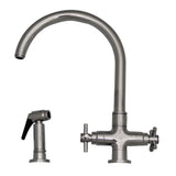 Whitehaus 3-03954CH85-C Luxe+ dual handle faucet w/ gooseneck swivel spout, cross style handles and solid brass side spray - Polished Chrome, Whitehaus, Whitehaus - POSHHAUS