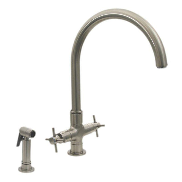 Whitehaus 3-03954SS85-BN Luxe+ dual handle faucet w/ gooseneck swivel spout, cross style handles and solid brass side spray - Brushed Nickel, Whitehaus, Whitehaus - POSHHAUS