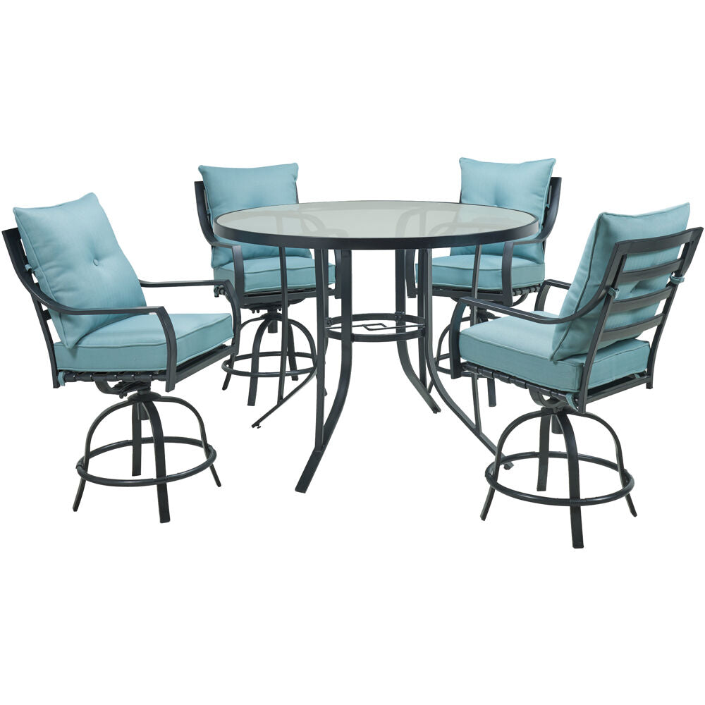 Hanover LAVDN5PCBR-BLU Lavallette5pc: 4 Swivel Bar Chairs and Bar Glass Table