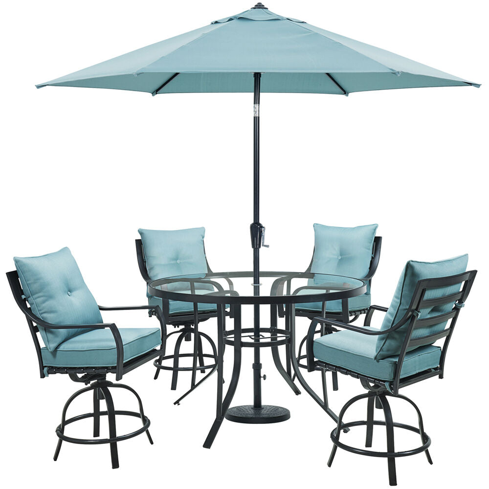 Hanover LAVDN5PCBR-BLU-SU Lavallette5pc: 4 Swivel Bar Chairs, Bar Glass Table, Umbrella & Base