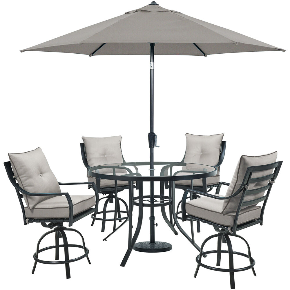 Hanover LAVDN5PCBR-SLV-SU Lavallette5pc: 4 Swivel Bar Chairs, Bar Glass Tbl, Umbrella & Base