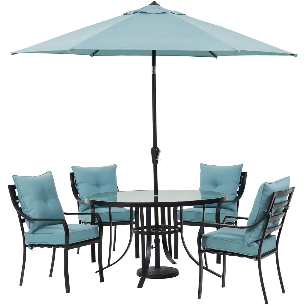 Hanover LAVDN5PCRD-BLU-SU Lavallette5pc: 4 Dining Chairs, Round Glass Tbl, Umbrella & Base