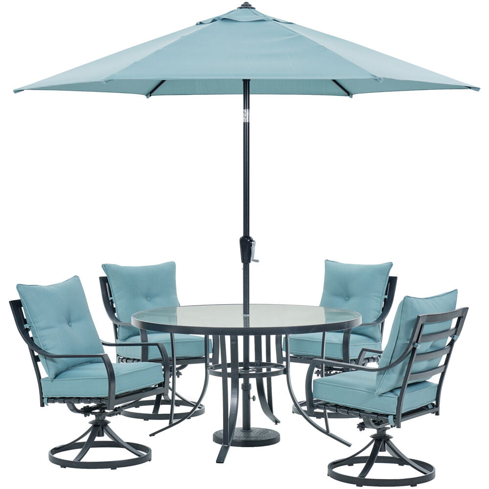 Hanover LAVDN5PCSWRD-BLU-SU Lavallette5pc: 4 Swivel Chrs, Round Glass Tbl, Umbrella & Base