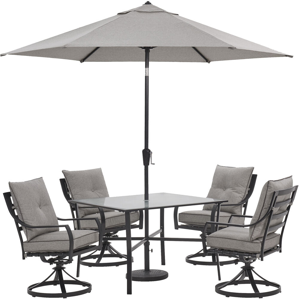 Hanover LAVDN5PCSW-SLV-SU Lavallette5pc: 4 Swivel Dining Chairs, Square Glass Tbl, Umbrella & Base