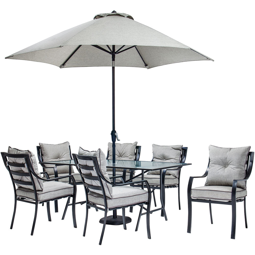 Hanover LAVDN7PC-SU Lavallette 7pc Dining Set: Glass Table, 6 Cushion Chairs, Umbrella/Base