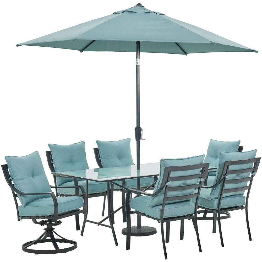 Hanover LAVDN7PCSW2-BLU-SU Lavallette7pc: 4 Dining Chrs, 2 Swivel Chrs, Rect. Glass Tbl, Umb & Base