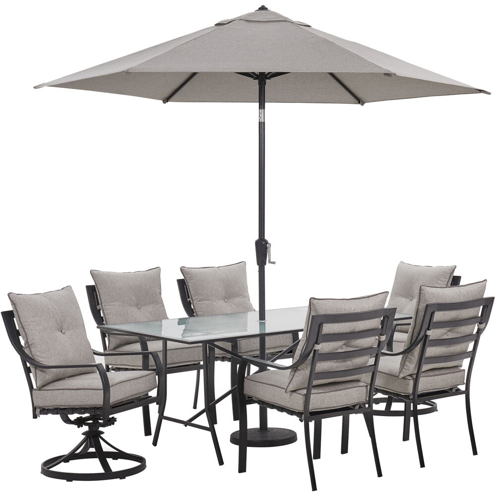 Hanover LAVDN7PCSW2-SLV-SU Lavallette7pc: 4 Dining Chrs, 2 Swivel Chrs, Rect. Glass Tbl, Umb & Base