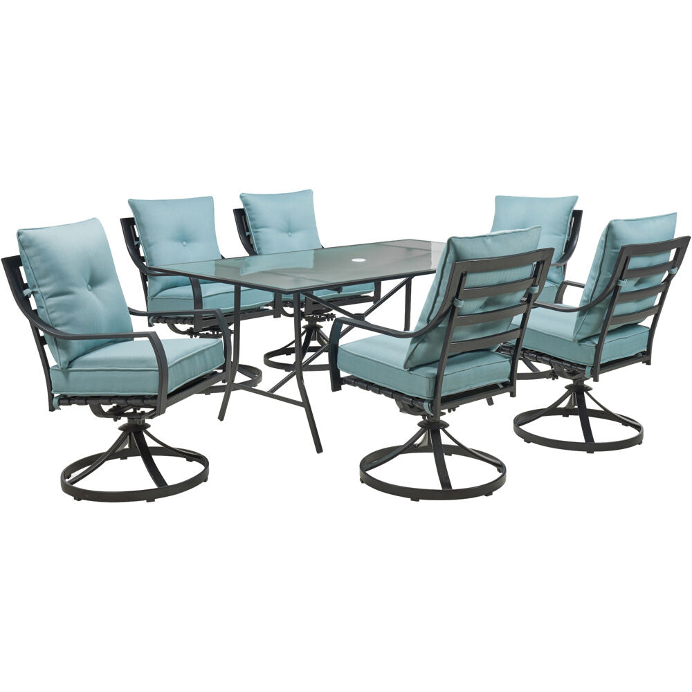 Hanover LAVDN7PCSW-BLU Lavallette7pc: 6 Swivel Dining Chairs and Rectangle Glass Table