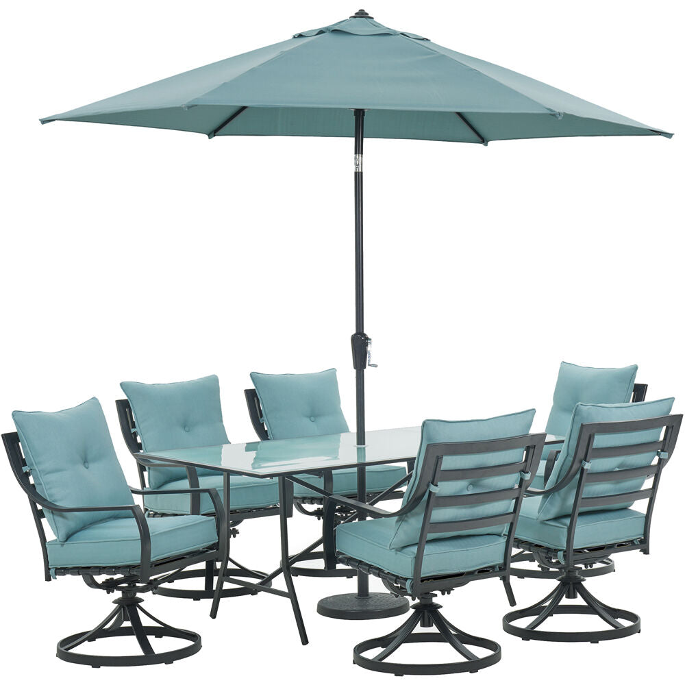 Hanover LAVDN7PCSW-BLU-SU Lavallette7pc: 6 Swivel Dining Chairs, Rectangle Glass Tbl, Umb & Base