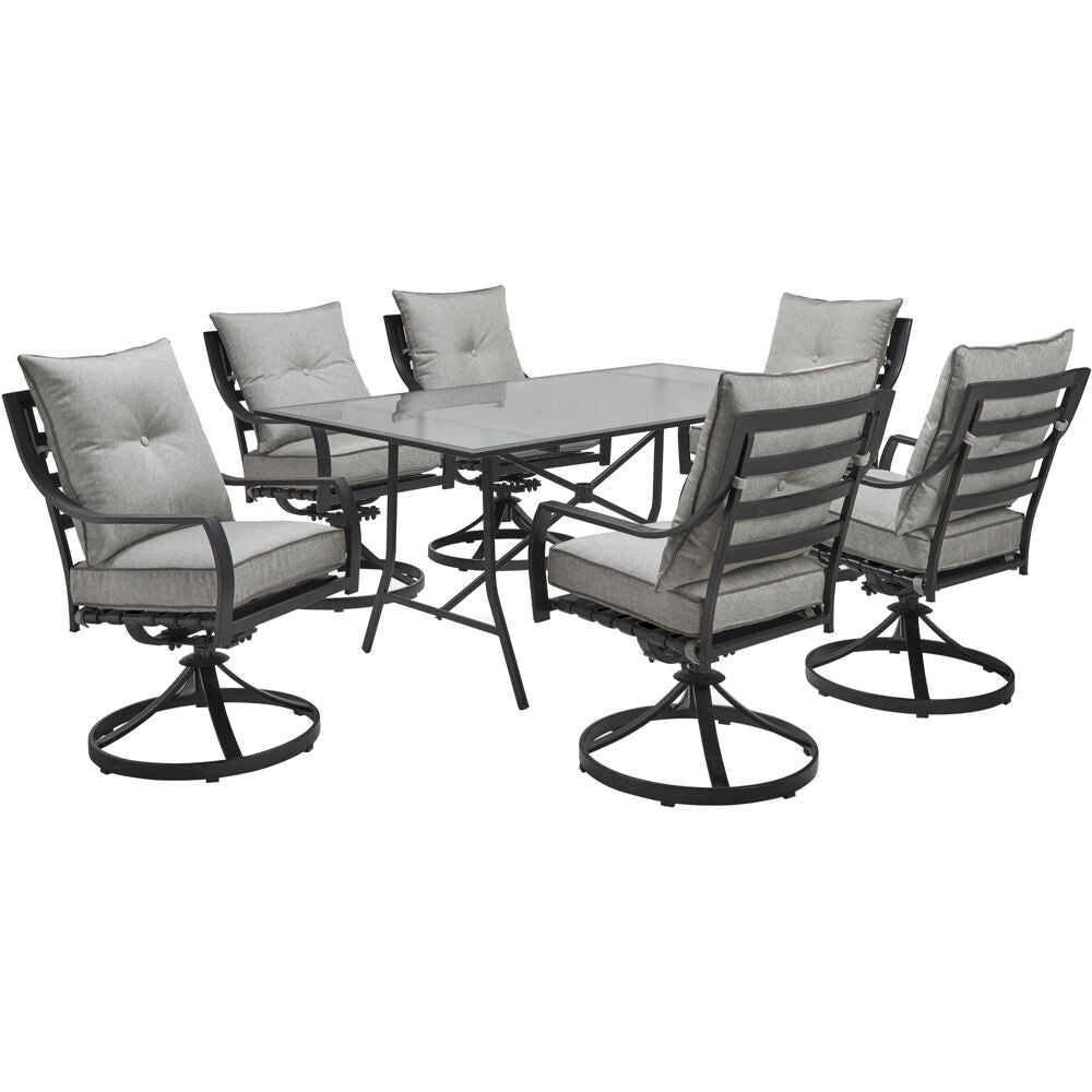 Hanover LAVDN7PCSW-SLV Lavallette7pc: 6 Swivel Dining Chairs and Rectangle Glass Table