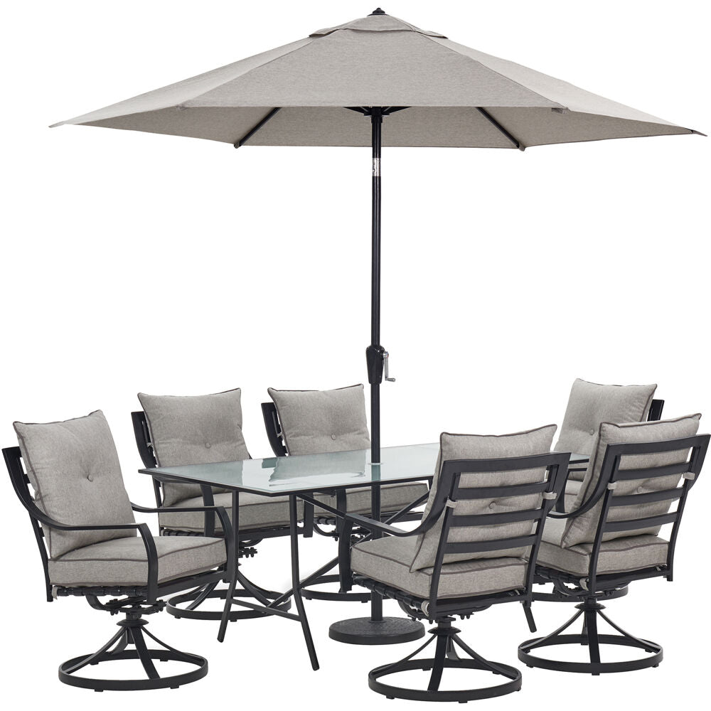 Hanover LAVDN7PCSW-SLV-SU Lavallette7pc: 6 Swivel Dining Chairs, Rectangle Glass Tbl, Umb & Base