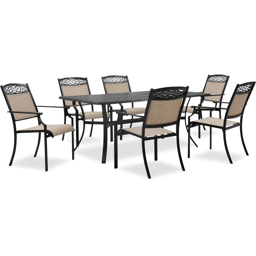 Hanover LISBON7PC-TAN Lisbon 7pc Dining: 6 Sling Stationary Chairs and 39"x68" Cast Table
