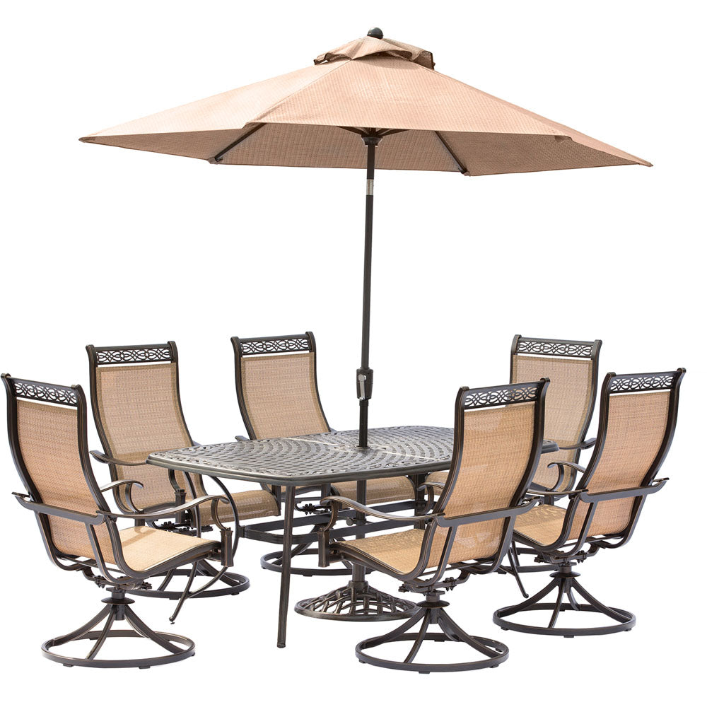 Hanover MANDN7PCSW-6-SU Manor7pc: 6 Sling Swivel Rockers, 38x72" Cast Table, Umbrella, Base