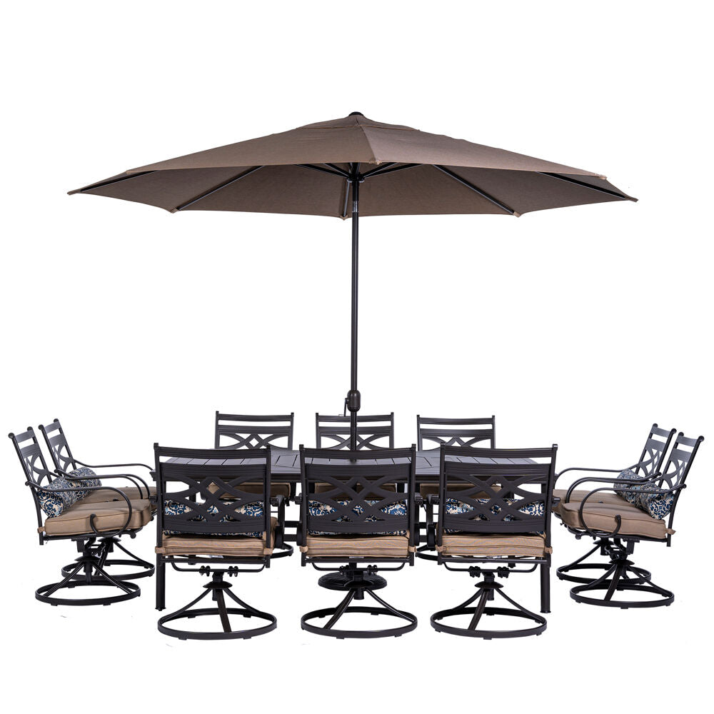 Hanover MCLRDN11PCSW10-SU-T Montclair11pc: 10 Swivel Rockers, 60"x84" Table, Umbrella, Umb Base