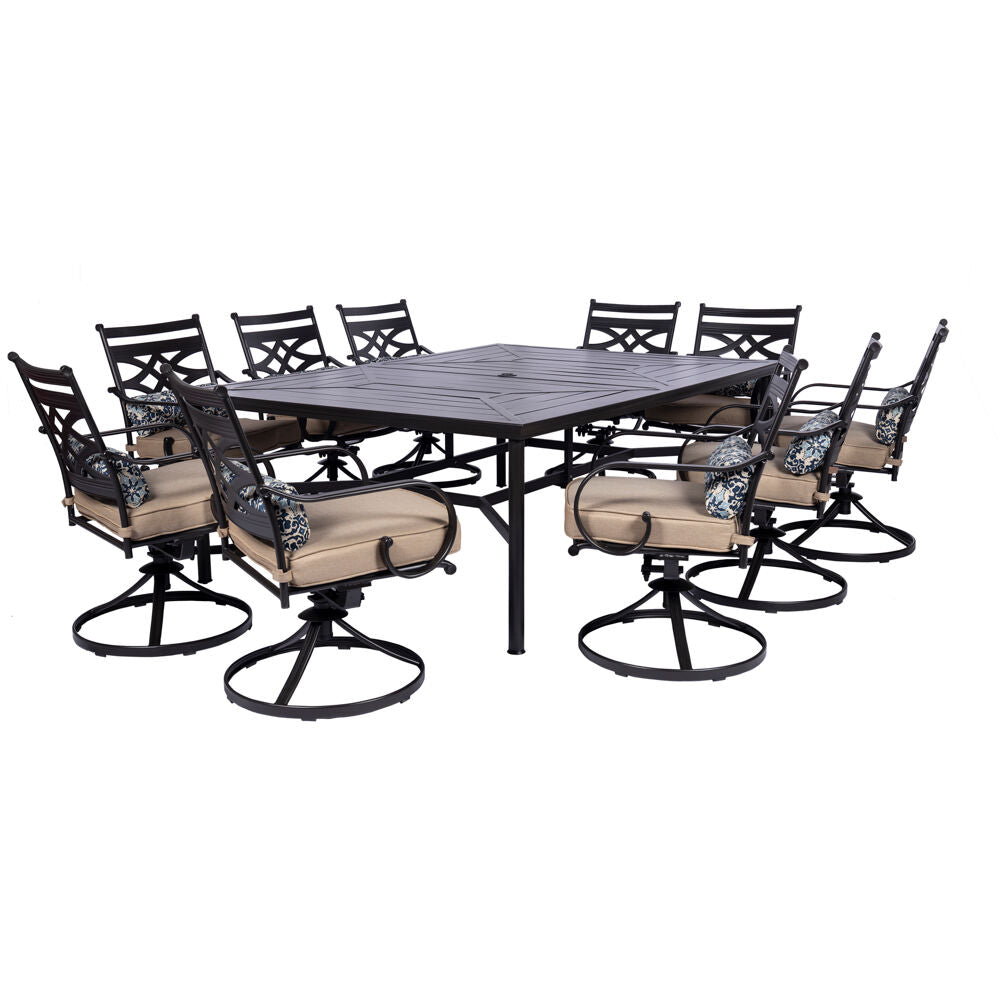 Hanover MCLRDN11PCSW10-TAN Montclair11pc: 10 Swivel Rockers, 60"x84" Rectangle Dining Table