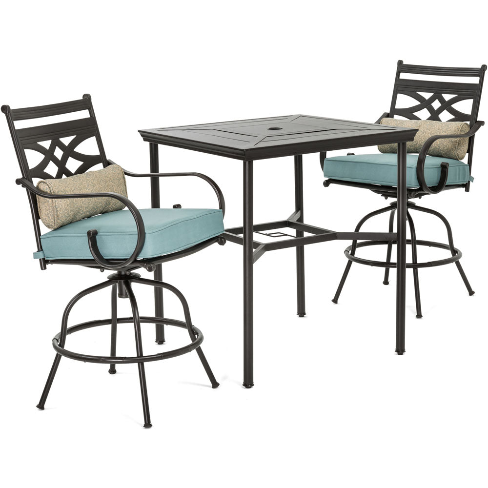 Hanover MCLRDN3PCBRSW2-BLU Montclair3pc High Dining: 2 Swivel Chairs, 33" Sq High Dining Table