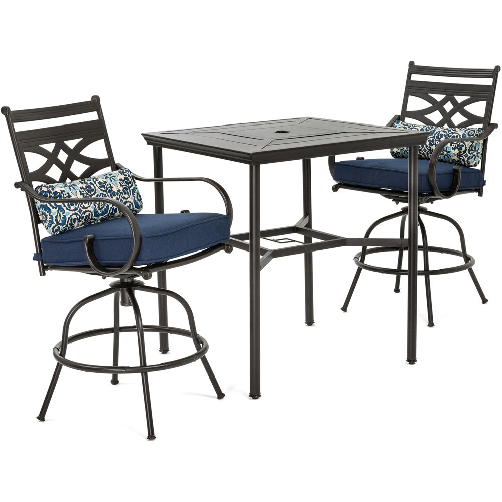Hanover MCLRDN3PCBRSW2-NVY Montclair 3pc High Dining: 2 Swivel Chairs, 33" Sq High Dining Table