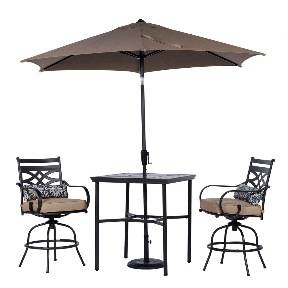 Hanover MCLRDN3PCBRSW2-SU-T Montclair3pc High Dining: 2 Swivel Chairs, 33" Sq High Tbl, Umb & Base