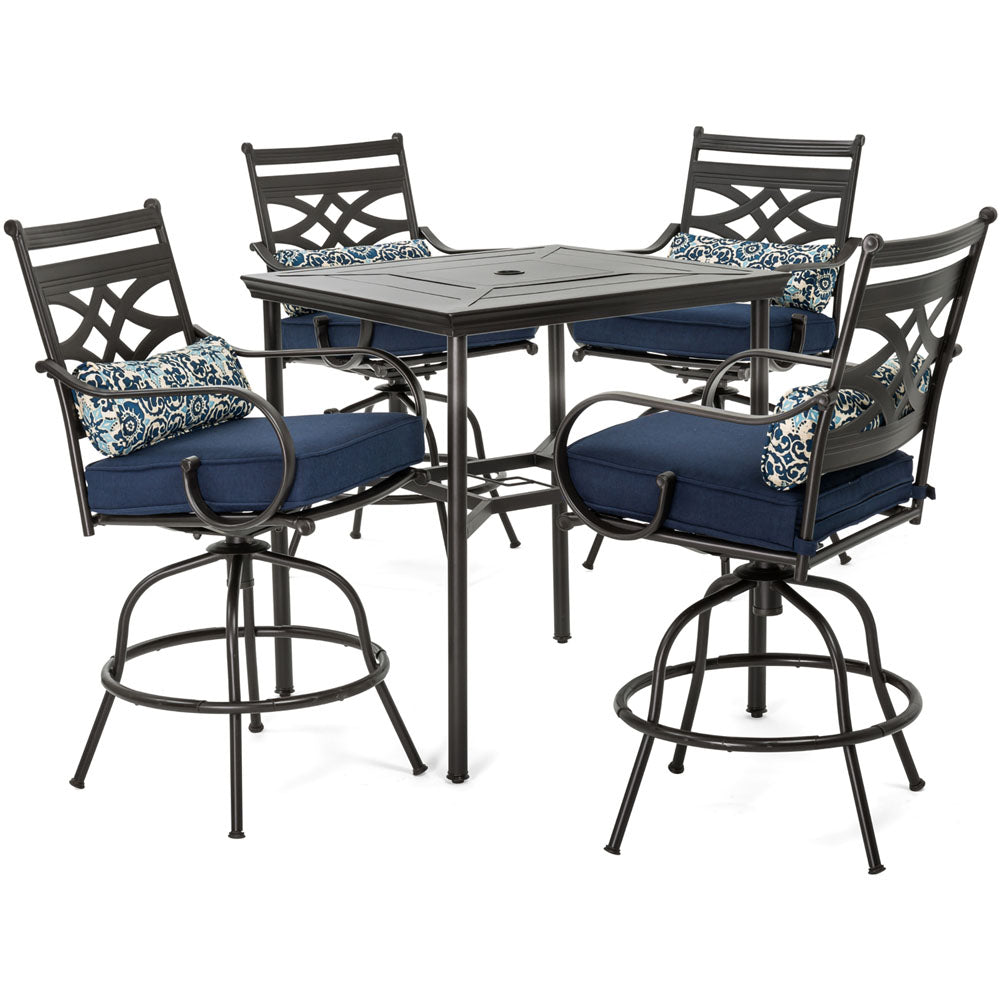Hanover MCLRDN5PCBR-NVY Montclair5pc High Dining: 4 Swivel Chairs, 33" Sq High Dining Table