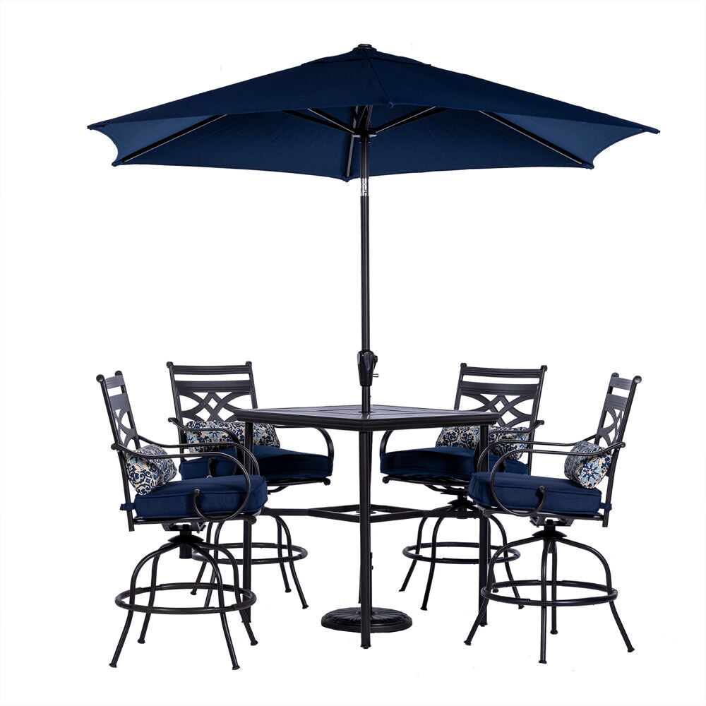 Hanover MCLRDN5PCBR-SU-N Montclair5pc High Dining: 4 Swivel Chairs, 33" Sq High Tbl, Umb & Base