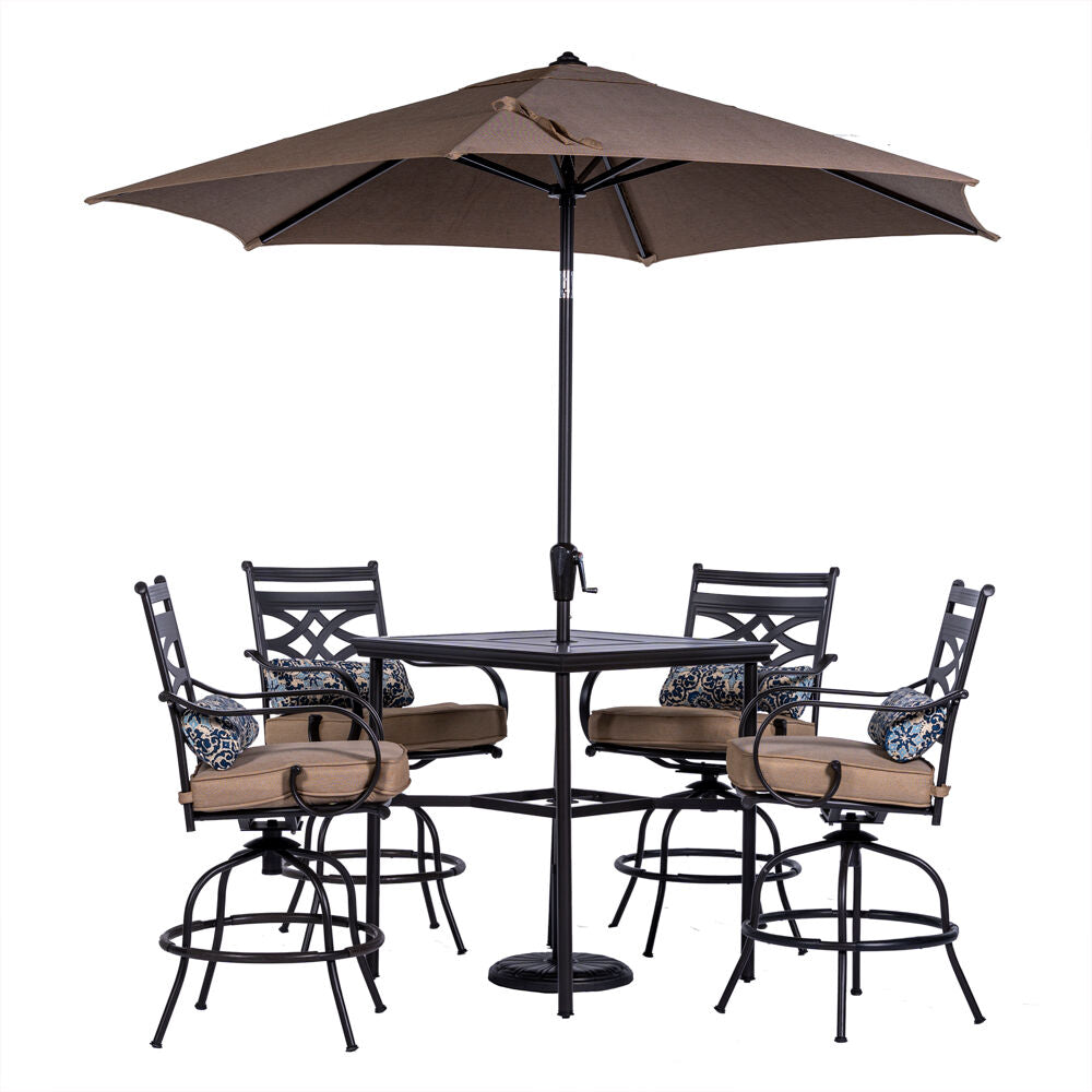 Hanover MCLRDN5PCBR-SU-T Montclair5pc High Dining: 4 Swivel Chairs, 33" Sq High Tbl, Umb & Base