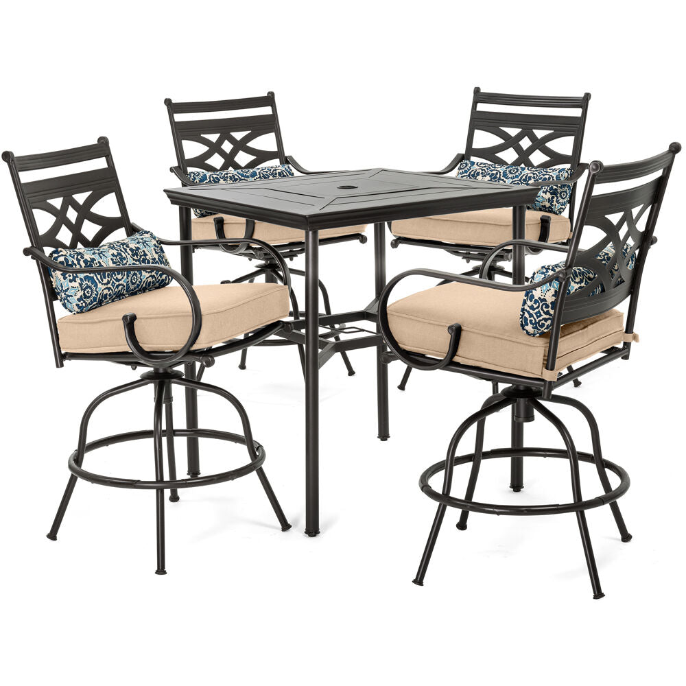 Hanover MCLRDN5PCBR-TAN Montclair5pc High Dining: 4 Swivel Chairs, 33" Sq High Dining Table
