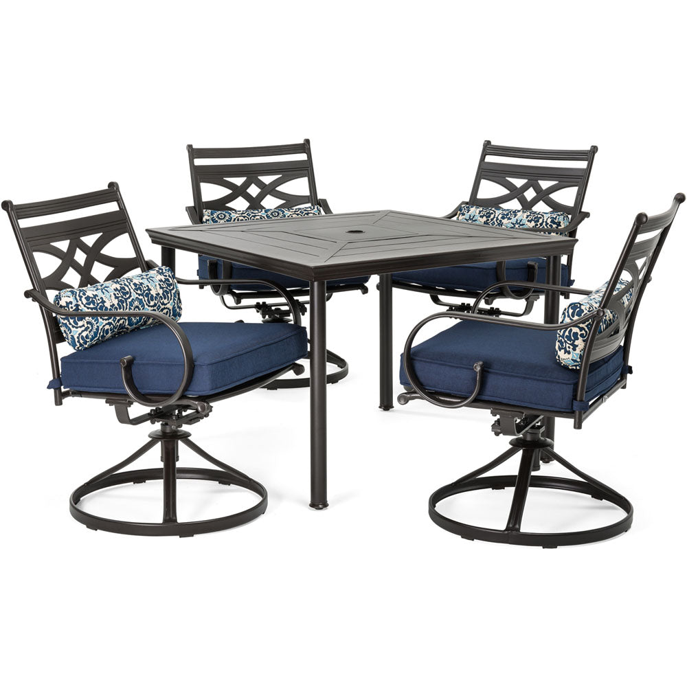 Hanover MCLRDN5PCSQSW4-NVY Montclair5pc: 4 Swivel Rockers, 40" Square Dining Table