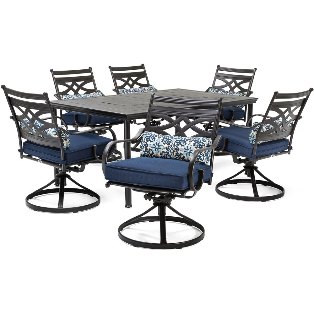 Hanover MCLRDN7PCSQSW6-NVY Montclair7pc: 6 Swivel Rockers, 40x66" Dining Table