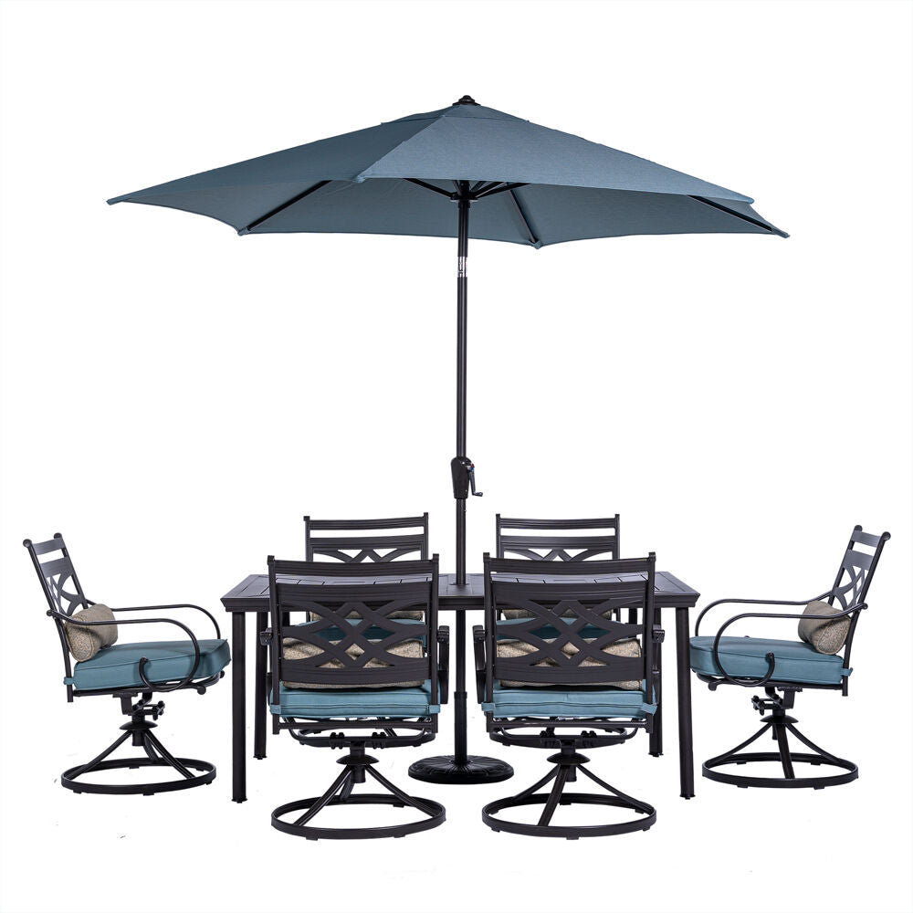 Hanover MCLRDN7PCSQSW6-SU-B Montclair7pc: 6 Swivel Rockers, 40x66" Dining Table, Umbrella & Base