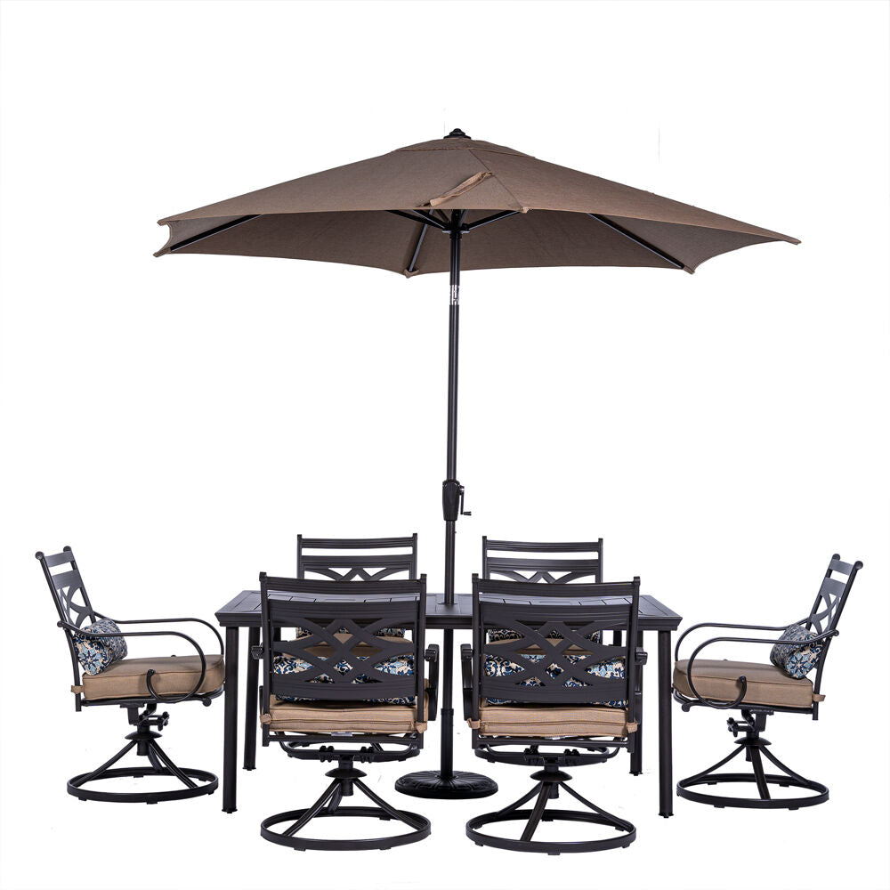Hanover MCLRDN7PCSQSW6-SU-T Montclair7pc: 6 Swivel Rockers, 40x66" Dining Table, Umbrella & Base