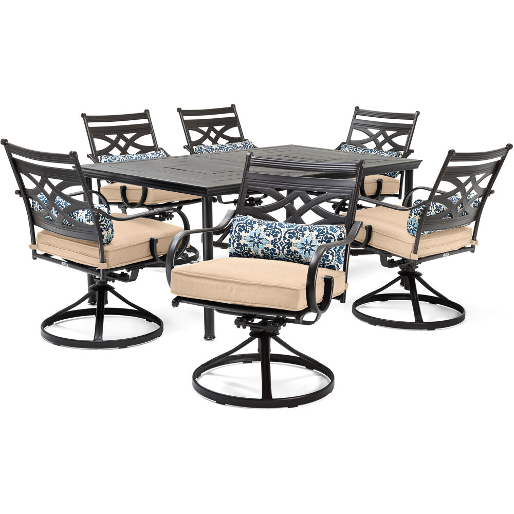 Hanover MCLRDN7PCSQSW6-TAN Montclair7pc: 6 Swivel Rockers, 40x66" Dining Table