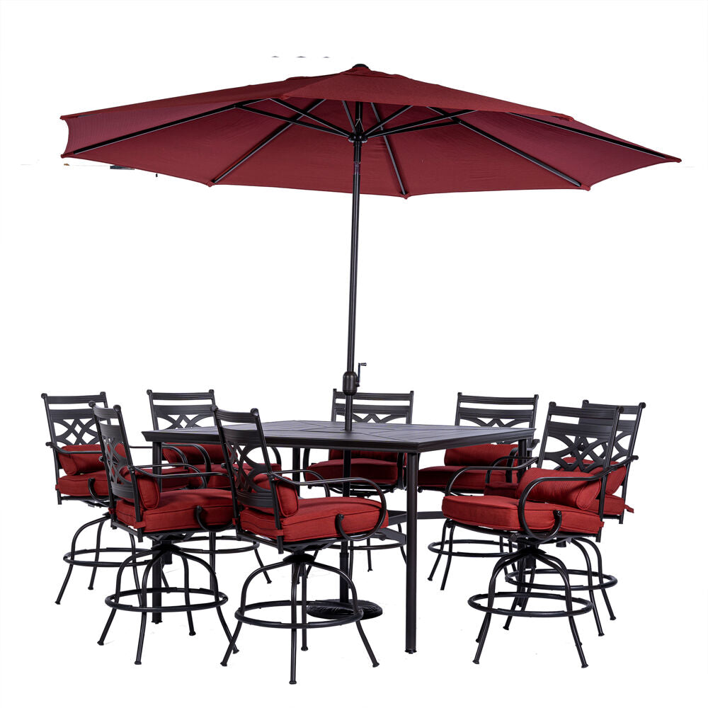 Hanover MCLRDN9PCBRSW8-SU-C Montclair9pc High Dining: 8 Swivel Chrs, 60" High Tbl, Umbrella & Base