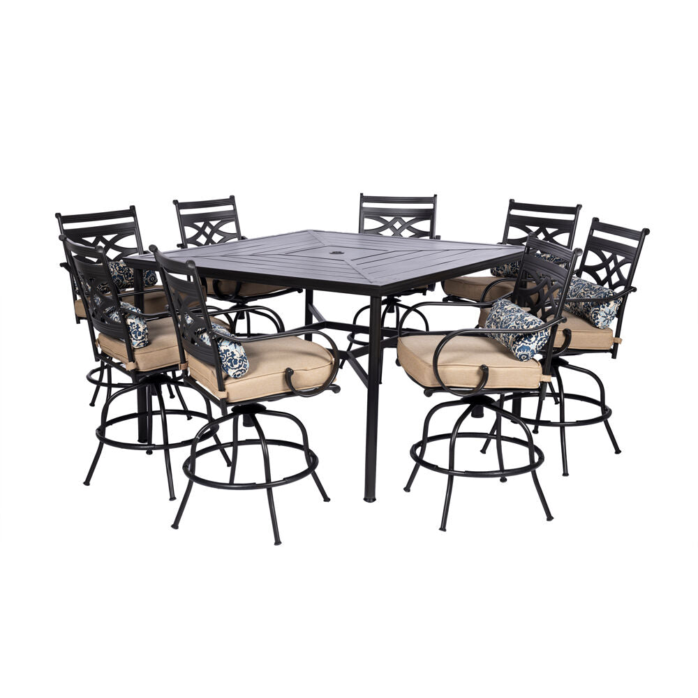 Hanover MCLRDN9PCBRSW8-TAN Montclair9pc High Dining: 8 Swivel Chairs, 60" Square High Table