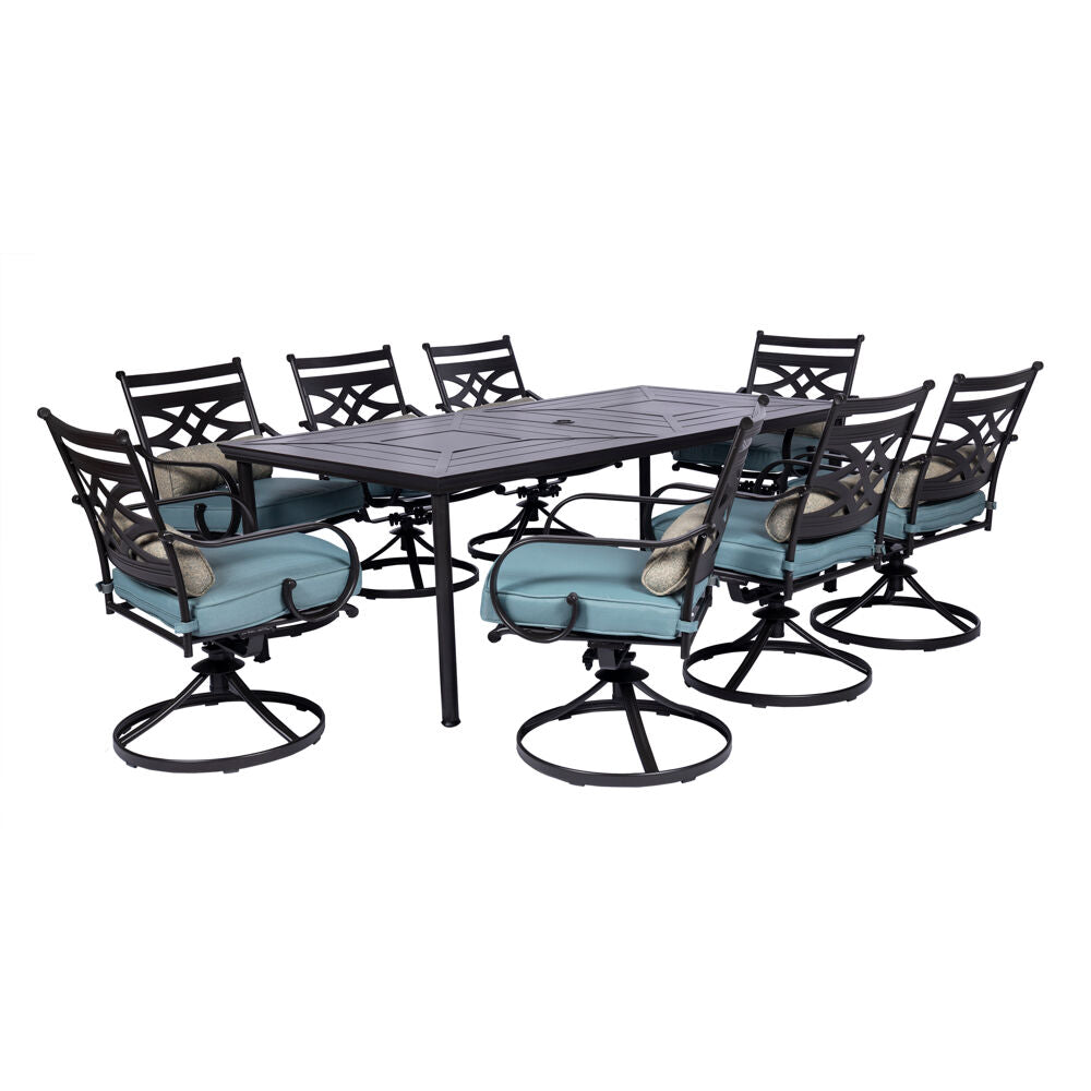 Hanover MCLRDN9PCSW8-BLU Montclair9pc: 8 Swivel Rockers, 42"x84" Rectangle Dining Table