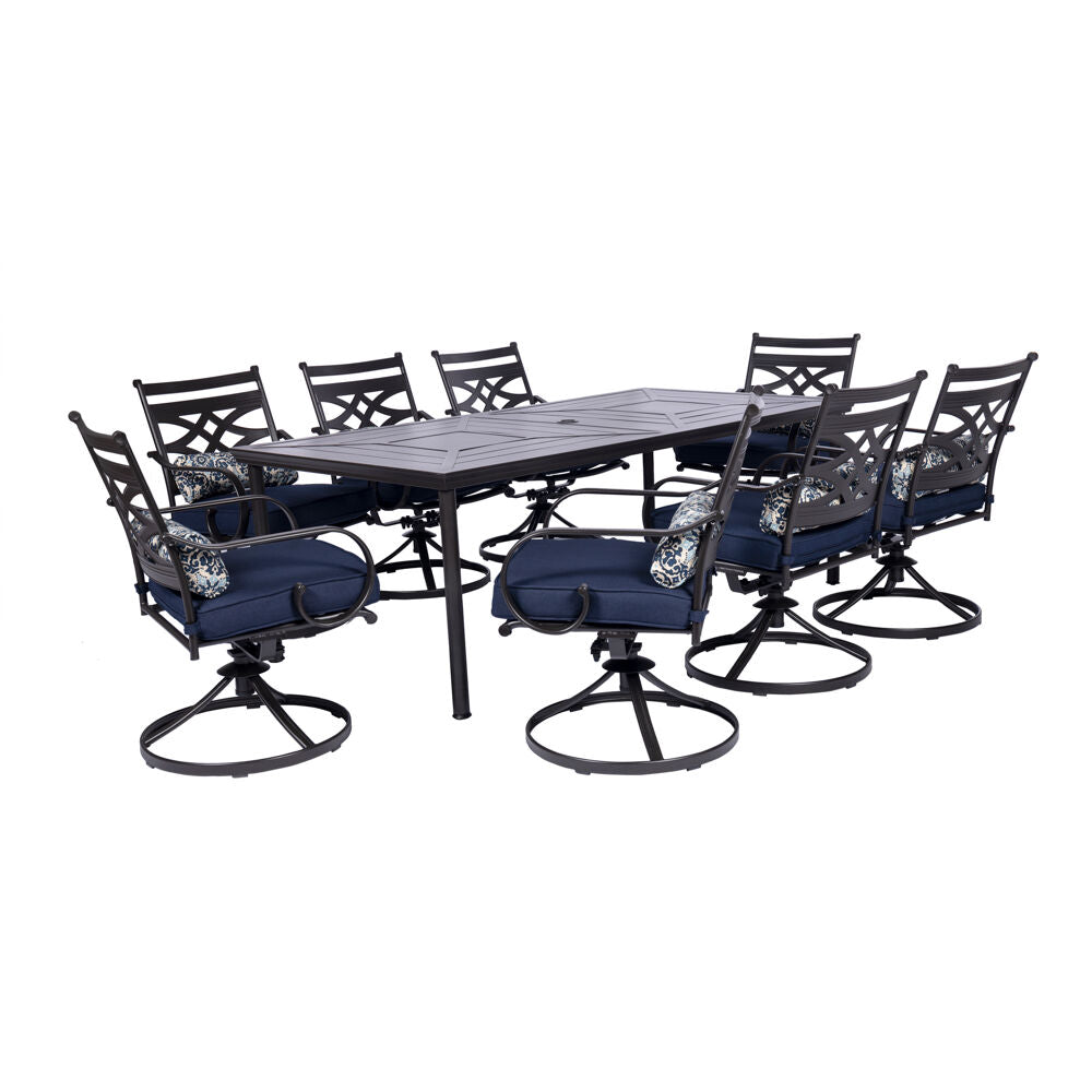 Hanover MCLRDN9PCSW8-NVY Montclair9pc: 8 Swivel Rockers, 42"x84" Rectangle Dining Table