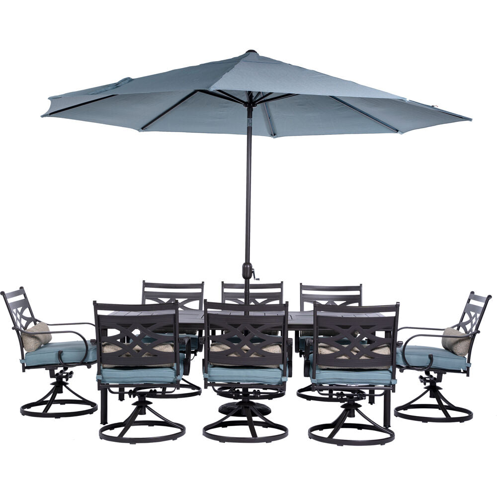 Hanover MCLRDN9PCSW8-SU-B Montclair9pc: 8 Swivel Rockers, 42"x84" Dining Tbl, Umbrella, Umb Base