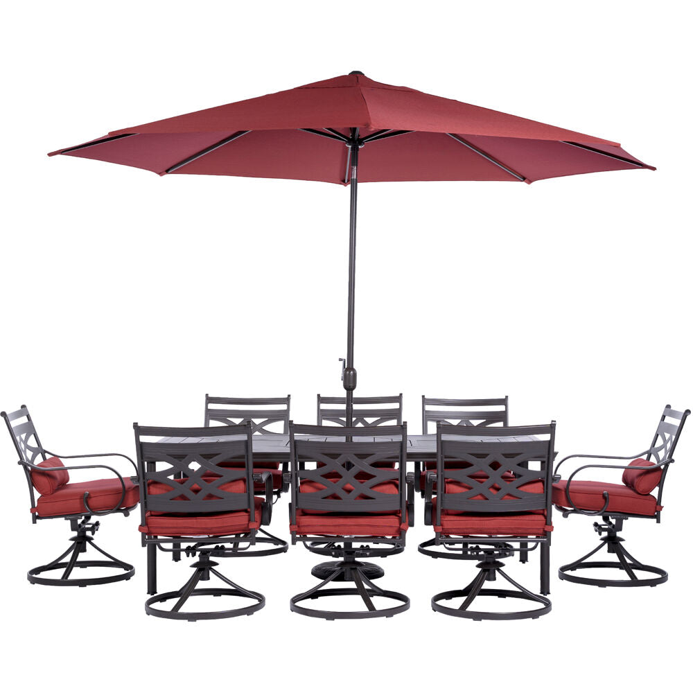 Hanover MCLRDN9PCSW8-SU-C Montclair9pc: 8 Swivel Rockers, 42"x84" Dining Tbl, Umbrella, Umb Base